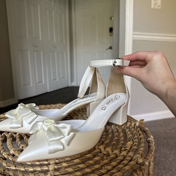 Satin Pointed Toe Bow Bridal Shoe Ankle Strap Block Heel Pelino EU 40 Greece - Picture 5 of 15